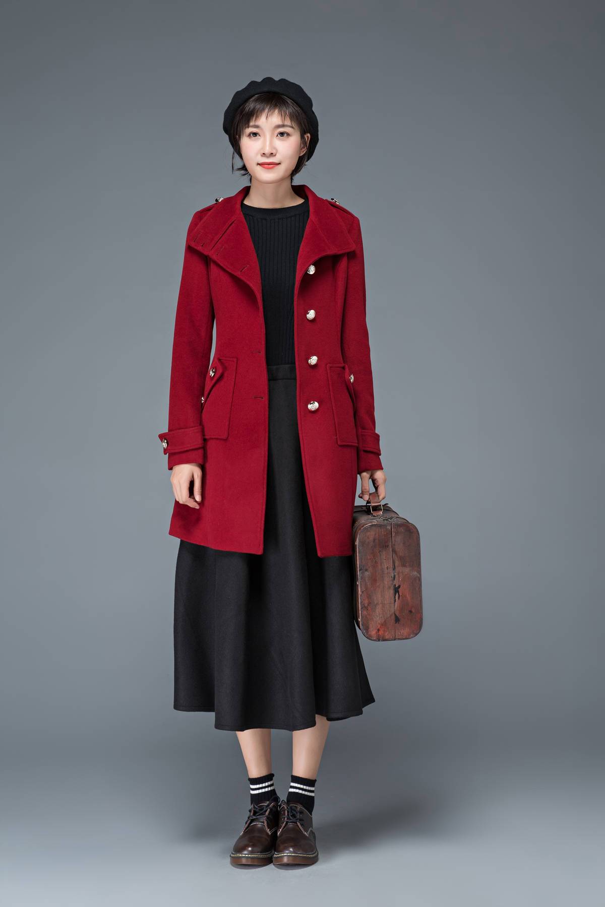 wool coat, winter coat, red coat, womens coat, Military coat, warm coat, Vintage coat, high collar coat, women wool coat, retro coat C1198