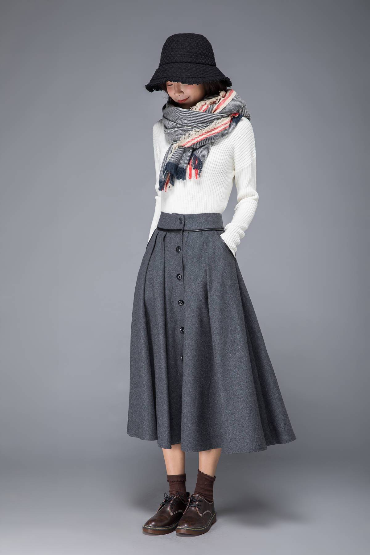 wool skirt, gray skirt, womens skirt, wool pleated skirt, wool wrap skirt, winter skirt, gray wool skirt, pockets skirt, long skirt c1223