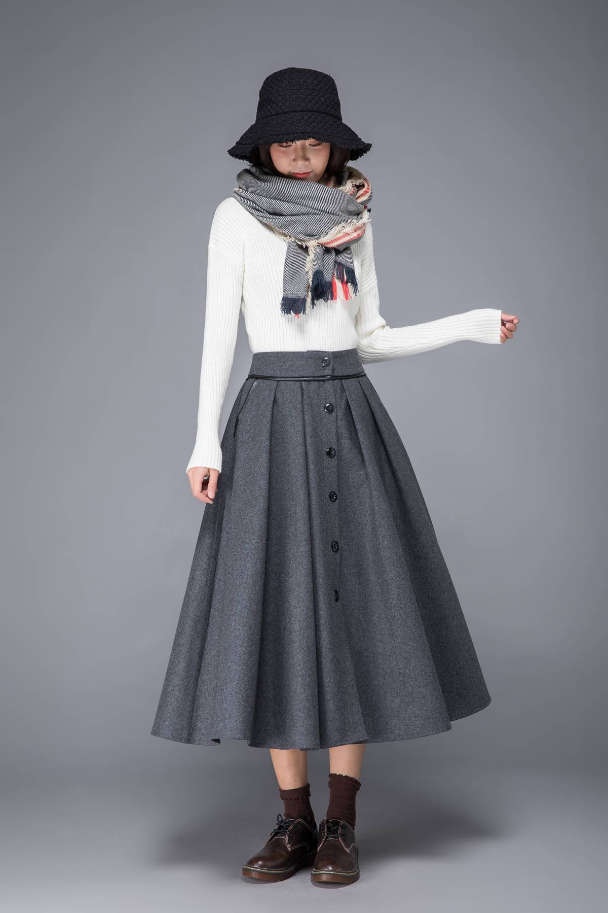 wool skirt, gray skirt, womens skirt, wool pleated skirt, wool wrap skirt, winter skirt, gray wool skirt, pockets skirt, long skirt c1223