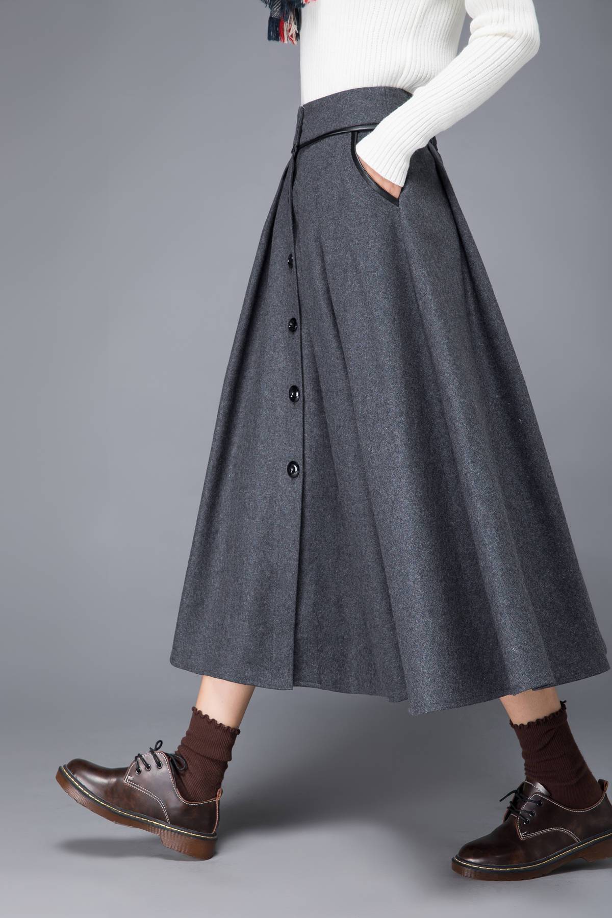 wool skirt, gray skirt, womens skirt, wool pleated skirt, wool wrap skirt, winter skirt, gray wool skirt, pockets skirt, long skirt c1223