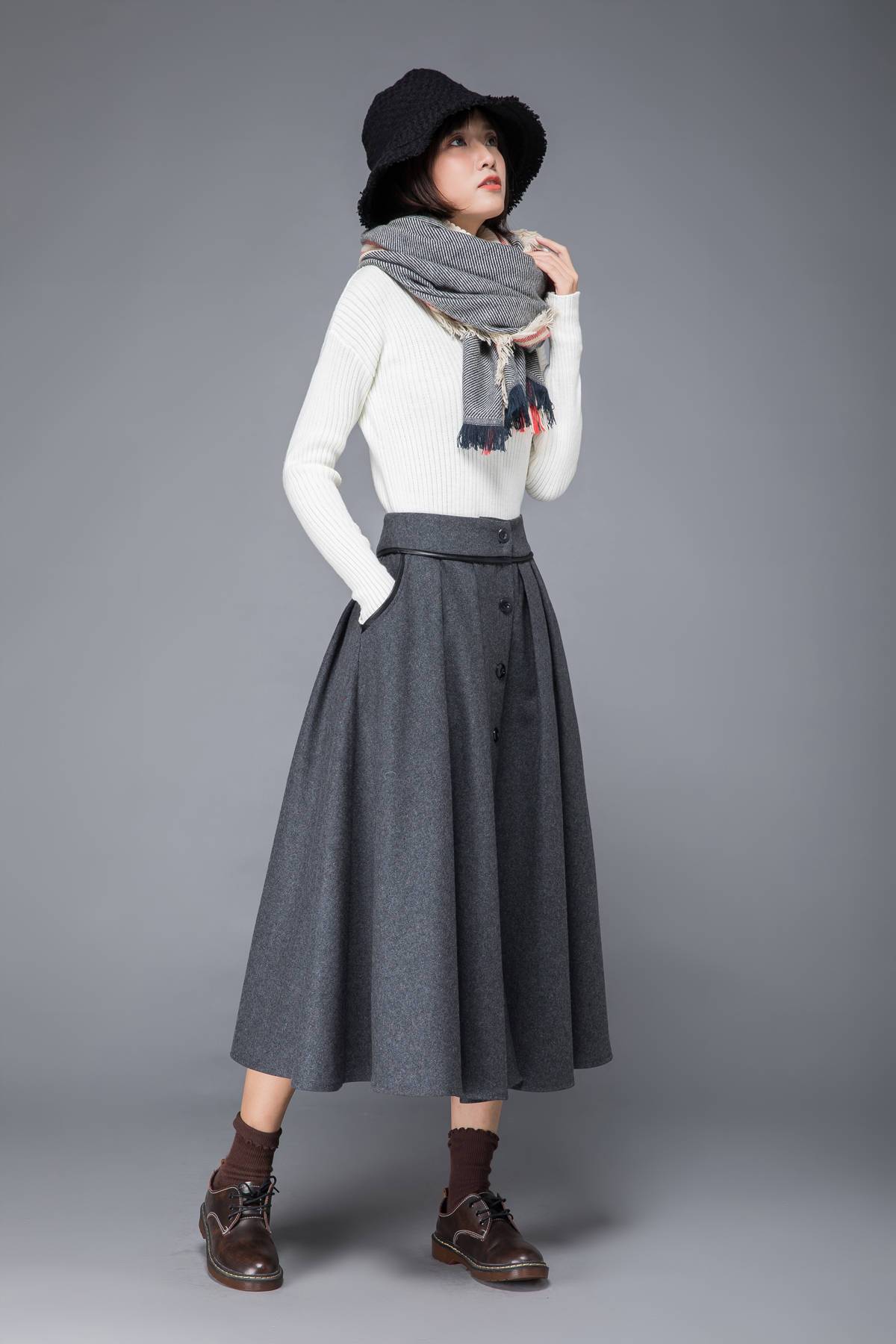 wool skirt, gray skirt, womens skirt, wool pleated skirt, wool wrap skirt, winter skirt, gray wool skirt, pockets skirt, long skirt c1223
