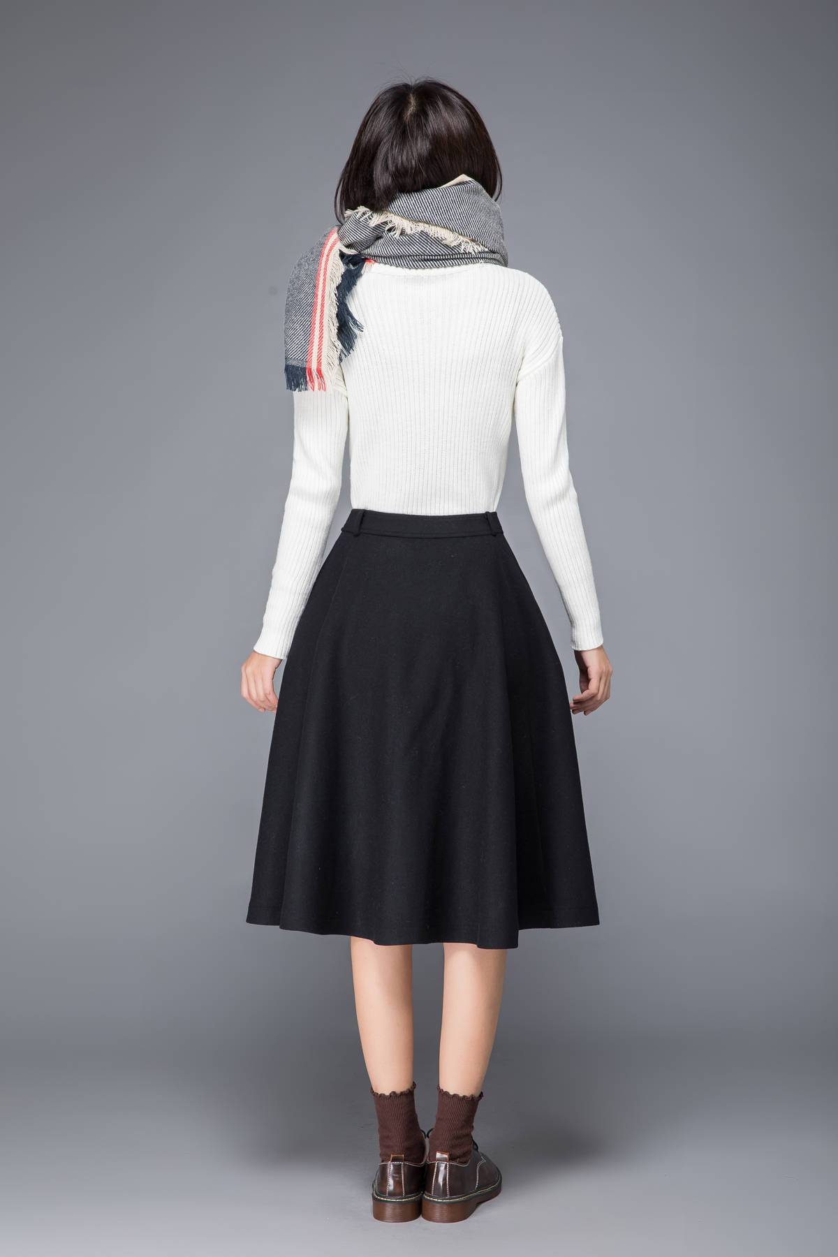 winter skirt, wool skirt, midi skirt, skirt with pockets, black skirt, swing skirt, button skirt, womens skirt, handmade skirt, skirt c1226