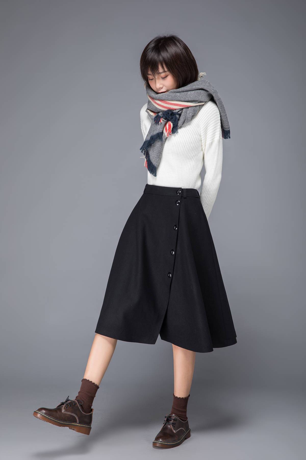 winter skirt, wool skirt, midi skirt, skirt with pockets, black skirt, swing skirt, button skirt, womens skirt, handmade skirt, skirt c1226