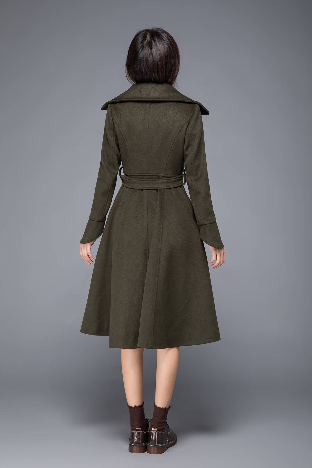 long coat, winter coat, wool coat, warm coat, trench coat, army green coat, fitted coat, swing coat, coat with pockets, handmade coats C1228
