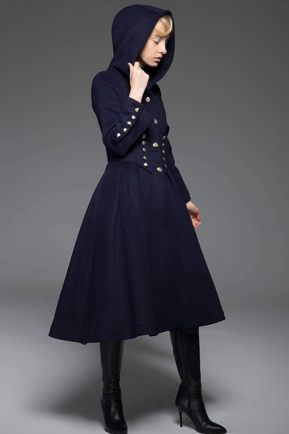 Navy Military Style Coat - Long Modern Dark Blue Hooded Winter Wool Designer Coat with Pockets and Button Detail C739