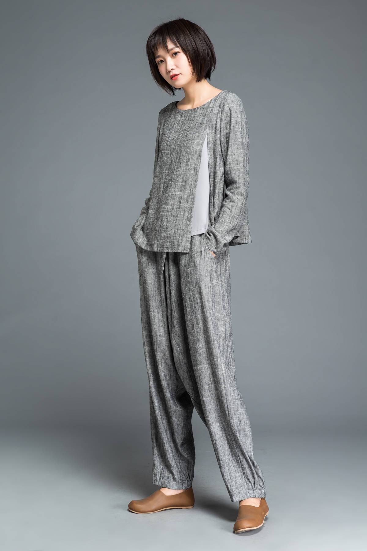 gray pants, loose pants, maxi pants, drop crotch pants, linen pants, baggy pants, yoga pants, gray linen pants, womens pants C1201