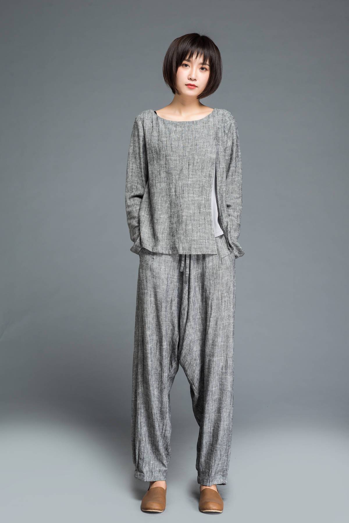 gray pants, loose pants, maxi pants, drop crotch pants, linen pants, baggy pants, yoga pants, gray linen pants, womens pants C1201