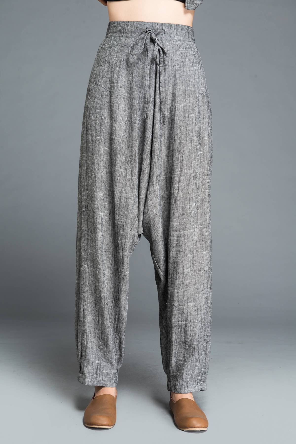 gray pants, loose pants, maxi pants, drop crotch pants, linen pants, baggy pants, yoga pants, gray linen pants, womens pants C1201