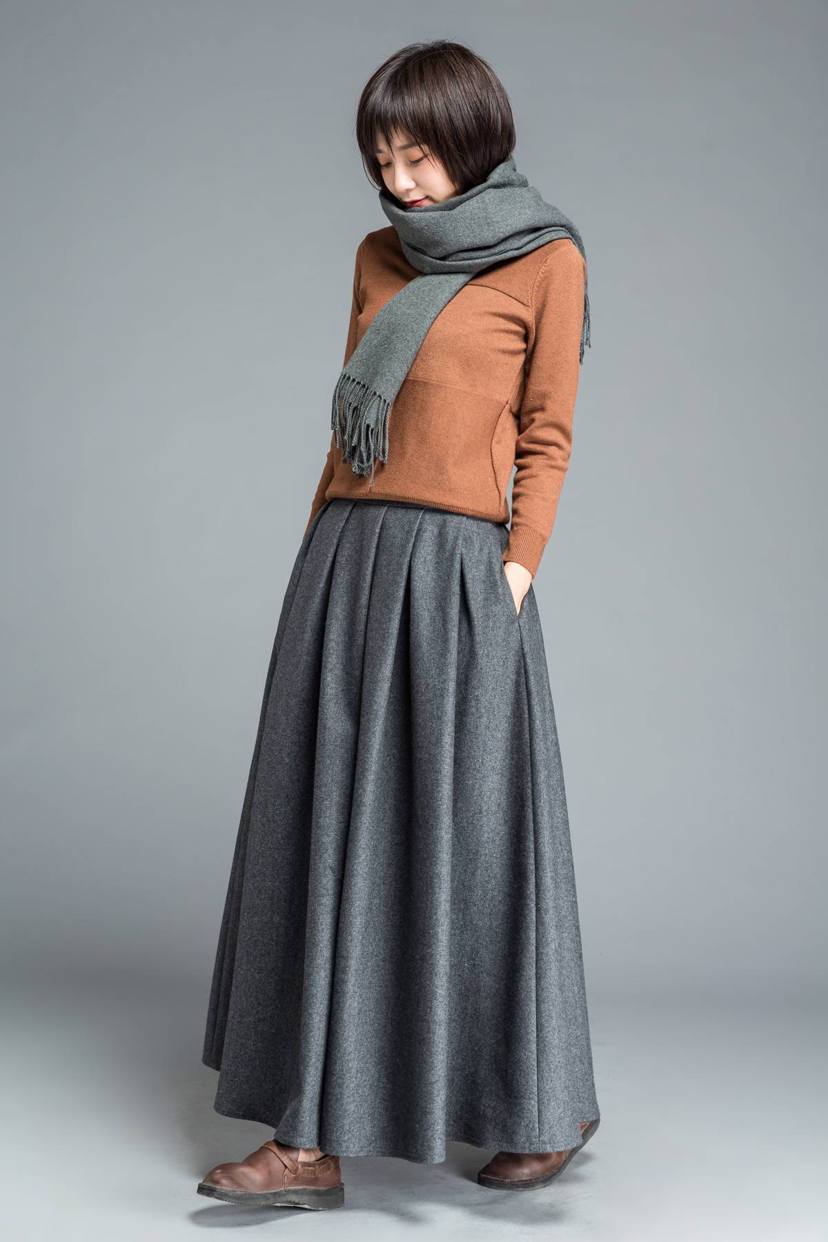 Gray skirt, winter skirt, long skirt, pleated skirt, womens skirts, wool skirt, flare skirt, swing skirt, skirt with pockets C1205