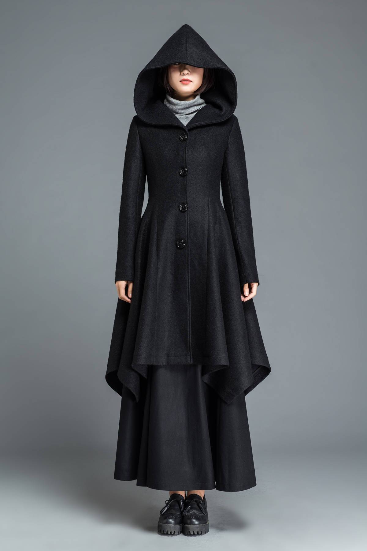 Black coat, wool coat, winter coat, Hooded coat, warm coat, black wool coat, warm wool coat, womens coat, irregular coat, pocket coat C1210