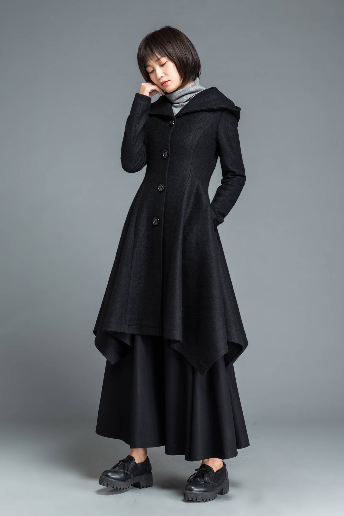 Black coat, wool coat, winter coat, Hooded coat, warm coat, black wool coat, warm wool coat, womens coat, irregular coat, pocket coat C1210