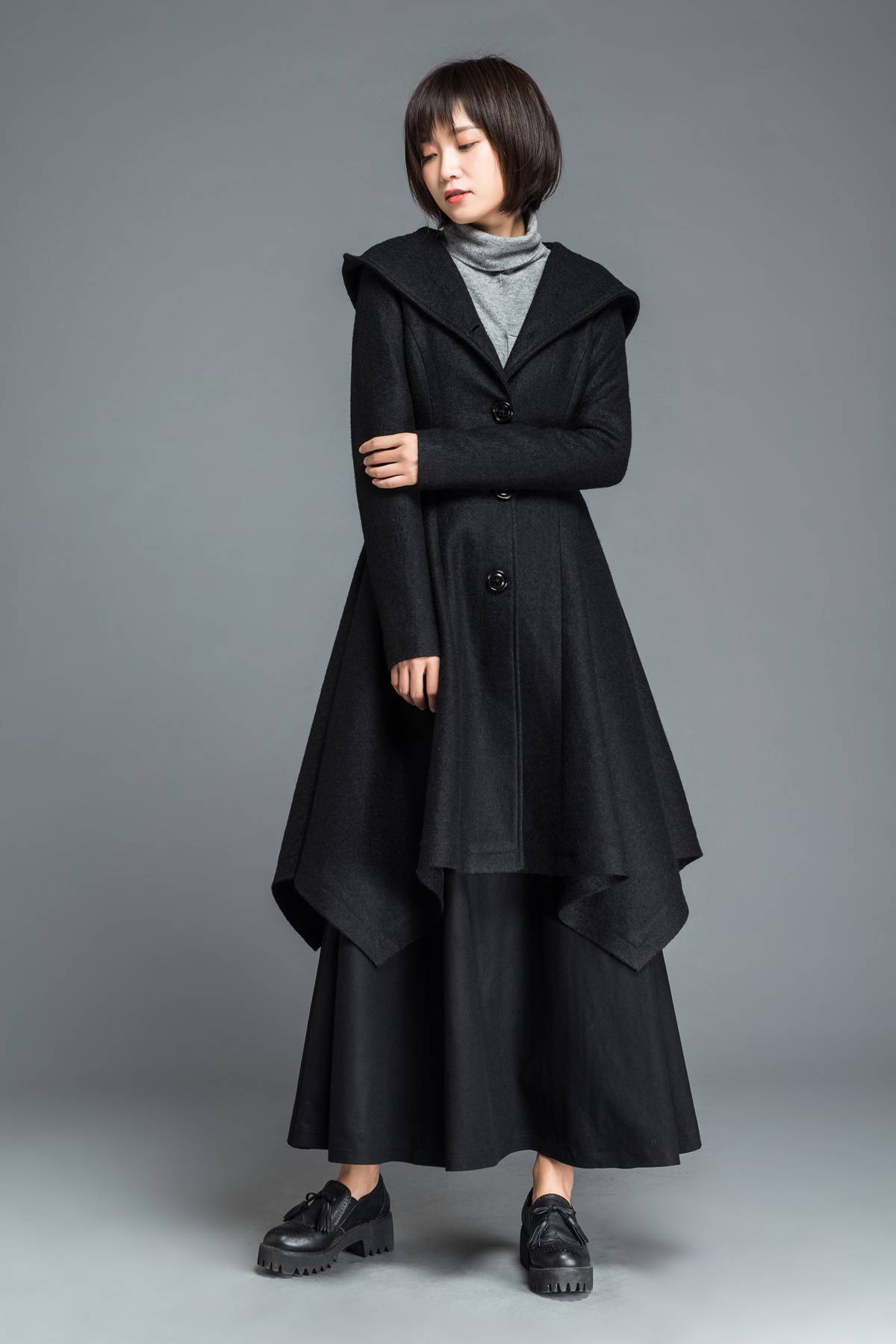 Black coat, wool coat, winter coat, Hooded coat, warm coat, black wool coat, warm wool coat, womens coat, irregular coat, pocket coat C1210