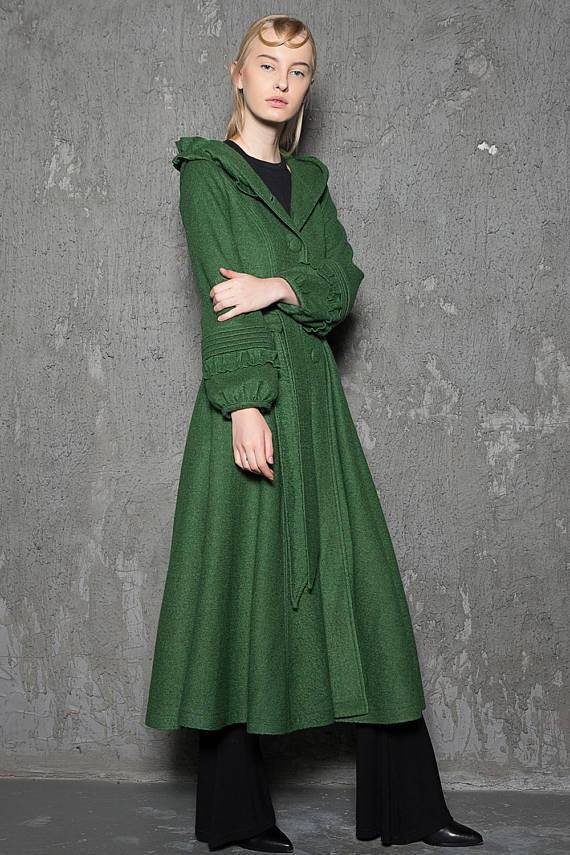 Maxi coat, wool coat, Green wool coat, emerald green coat, fit and flare coat, womens coats, hooded coat, ruffle coat, winter coat C785