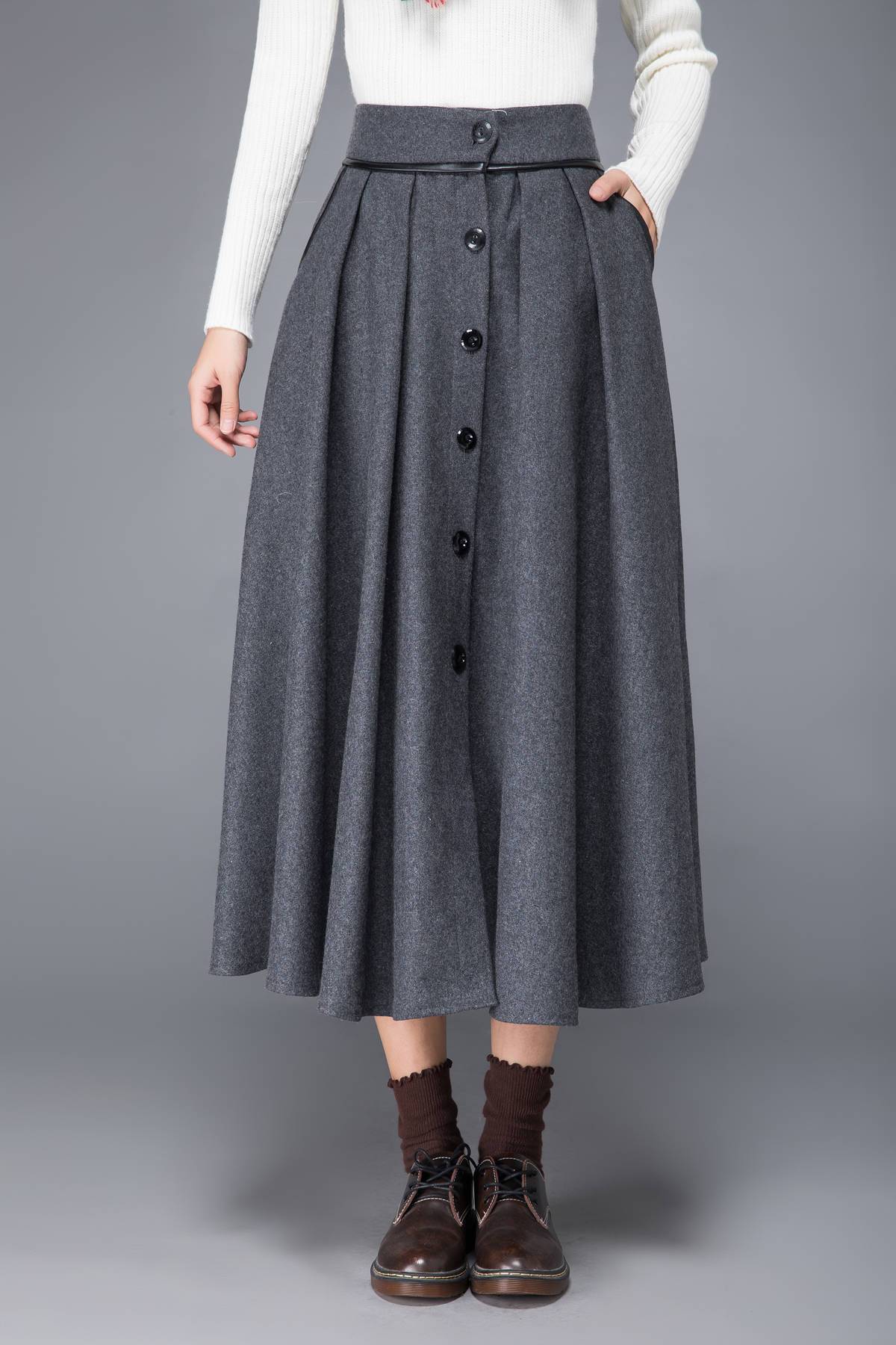wool skirt, gray skirt, womens skirt, wool pleated skirt, wool wrap skirt, winter skirt, gray wool skirt, pockets skirt, long skirt c1223