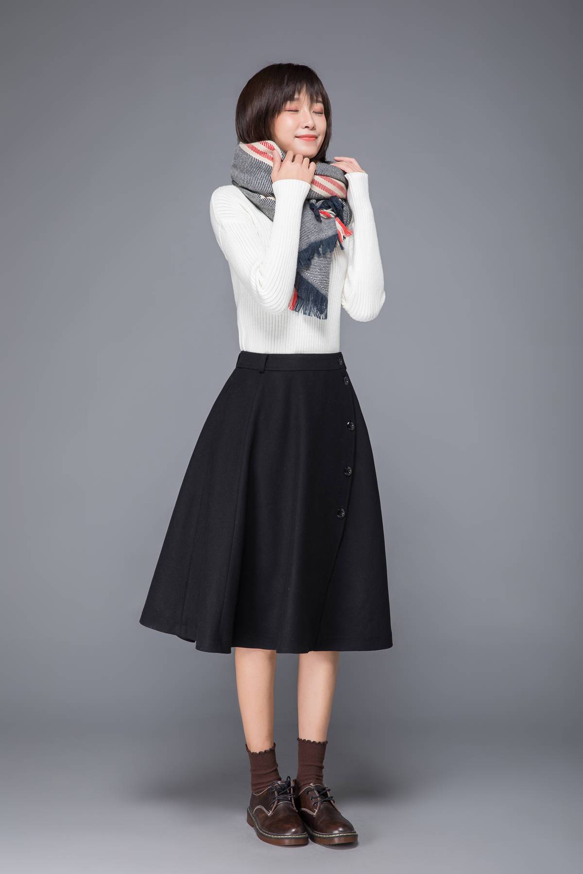 winter skirt, wool skirt, midi skirt, skirt with pockets, black skirt, swing skirt, button skirt, womens skirt, handmade skirt, skirt c1226