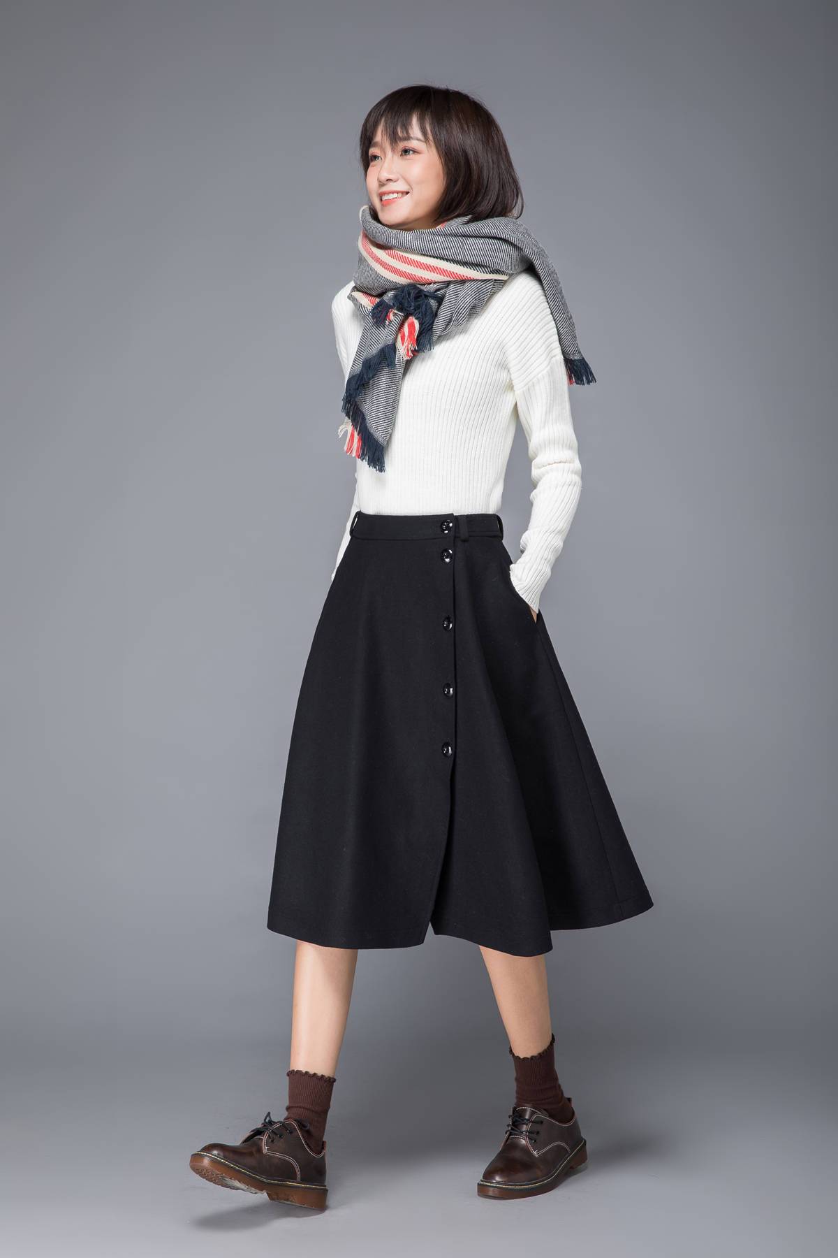 winter skirt, wool skirt, midi skirt, skirt with pockets, black skirt, swing skirt, button skirt, womens skirt, handmade skirt, skirt c1226