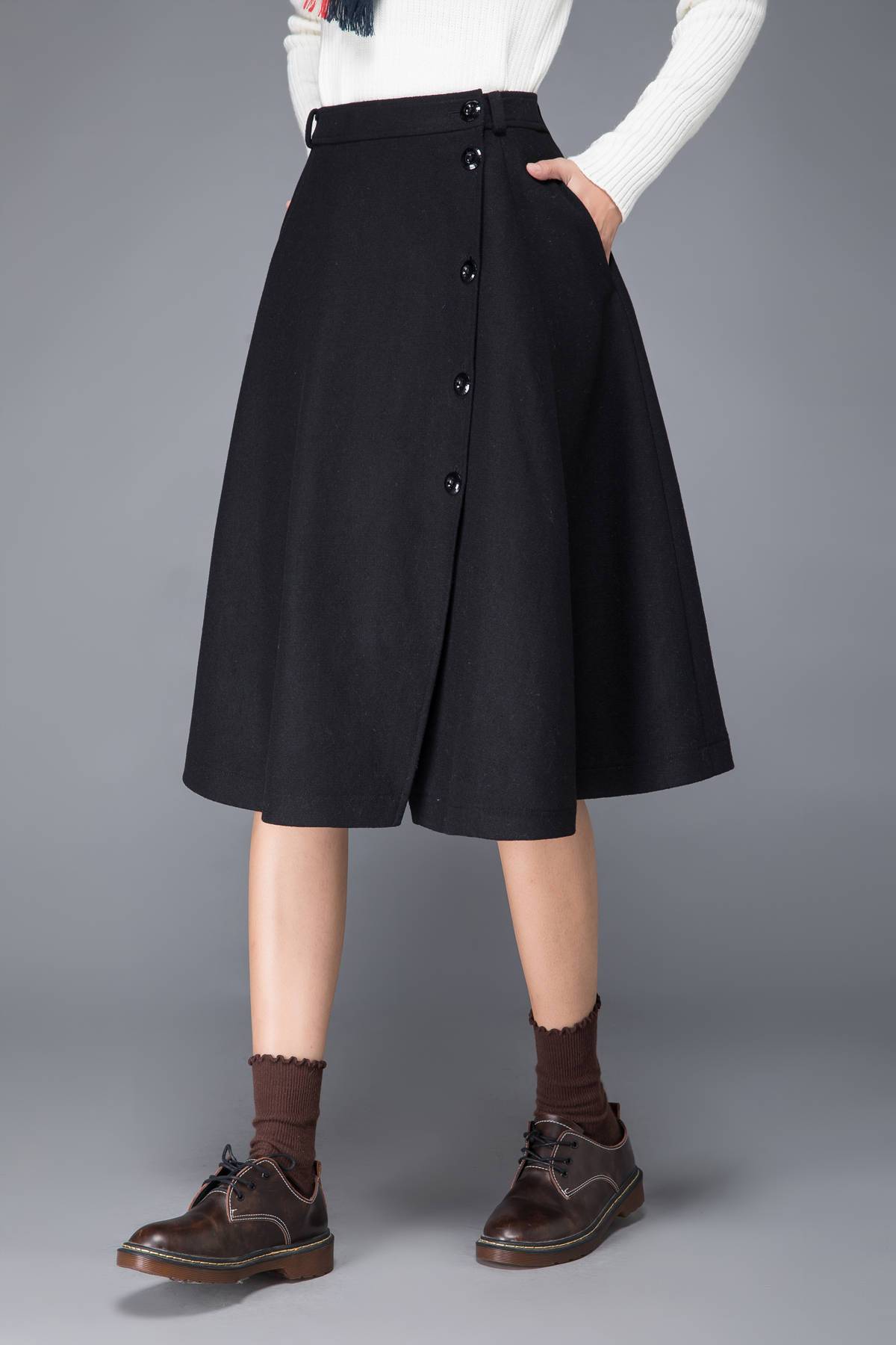 winter skirt, wool skirt, midi skirt, skirt with pockets, black skirt, swing skirt, button skirt, womens skirt, handmade skirt, skirt c1226