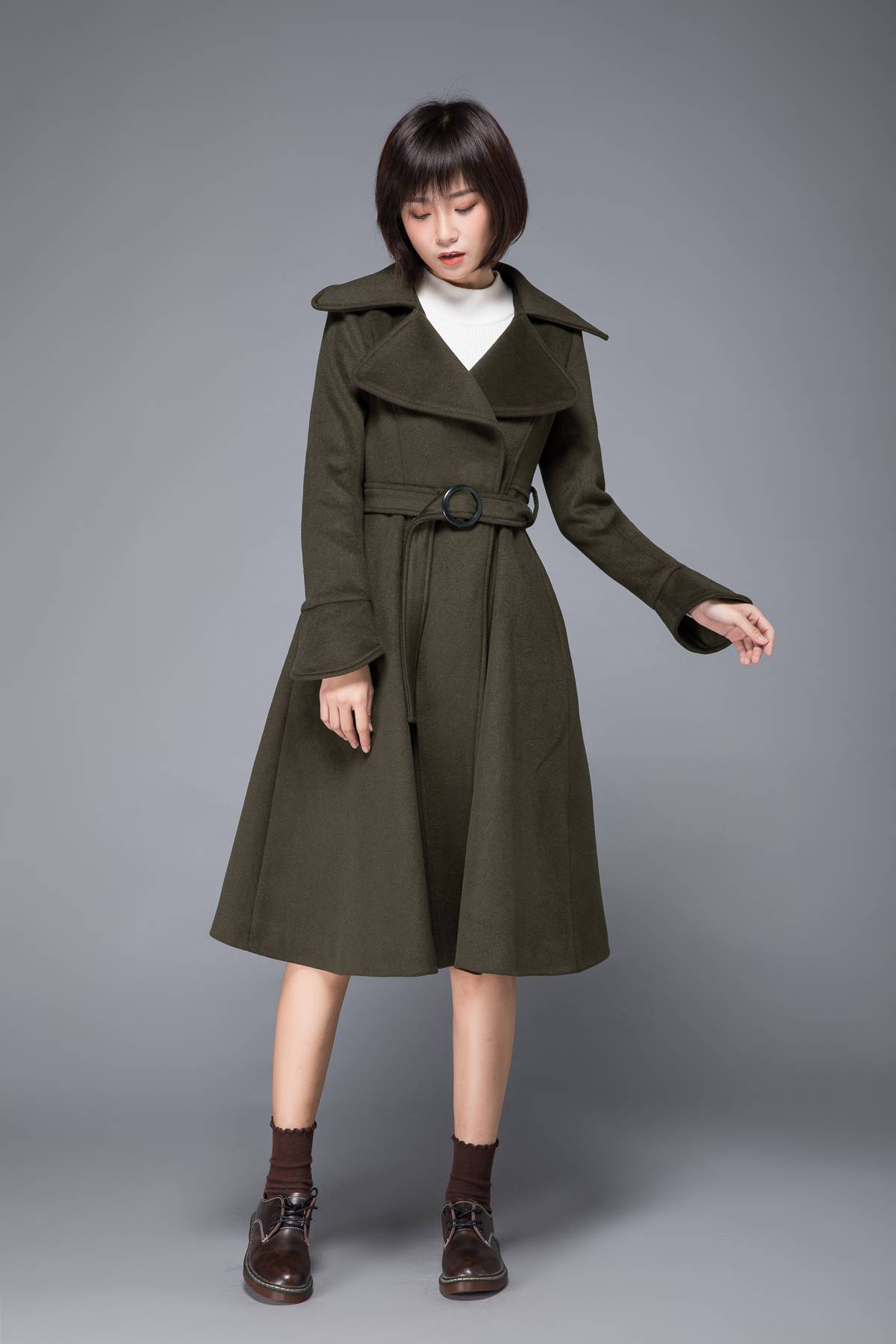 long coat, winter coat, wool coat, warm coat, trench coat, army green coat, fitted coat, swing coat, coat with pockets, handmade coats C1228