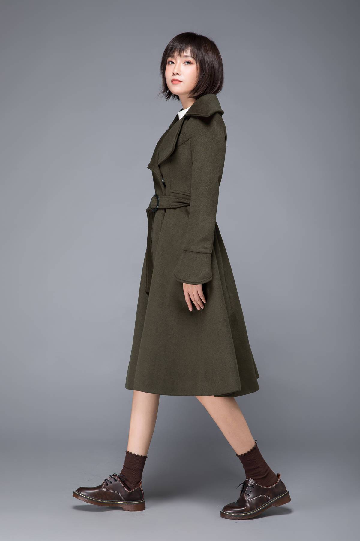 long coat, winter coat, wool coat, warm coat, trench coat, army green coat, fitted coat, swing coat, coat with pockets, handmade coats C1228