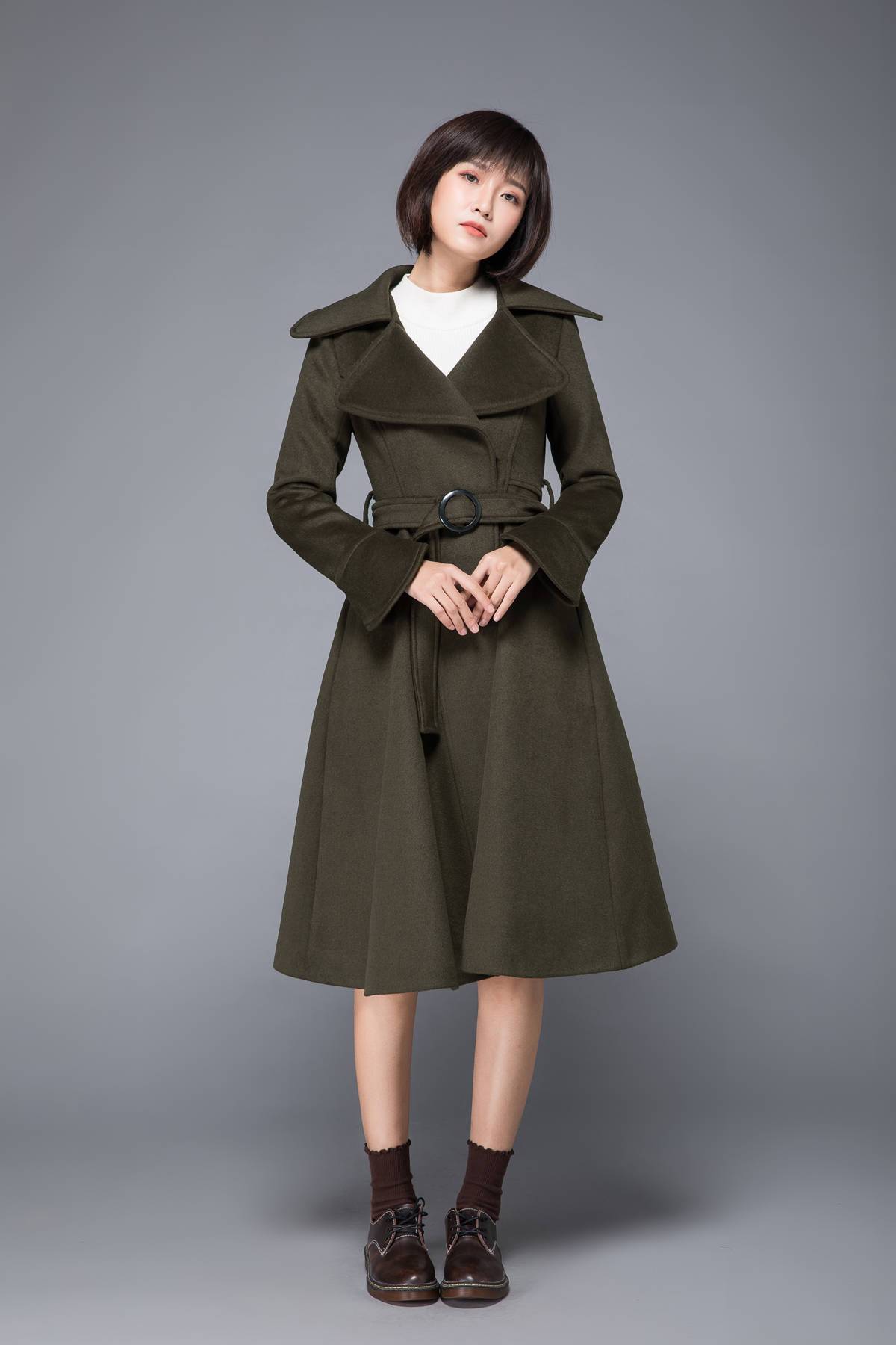 long coat, winter coat, wool coat, warm coat, trench coat, army green coat, fitted coat, swing coat, coat with pockets, handmade coats C1228