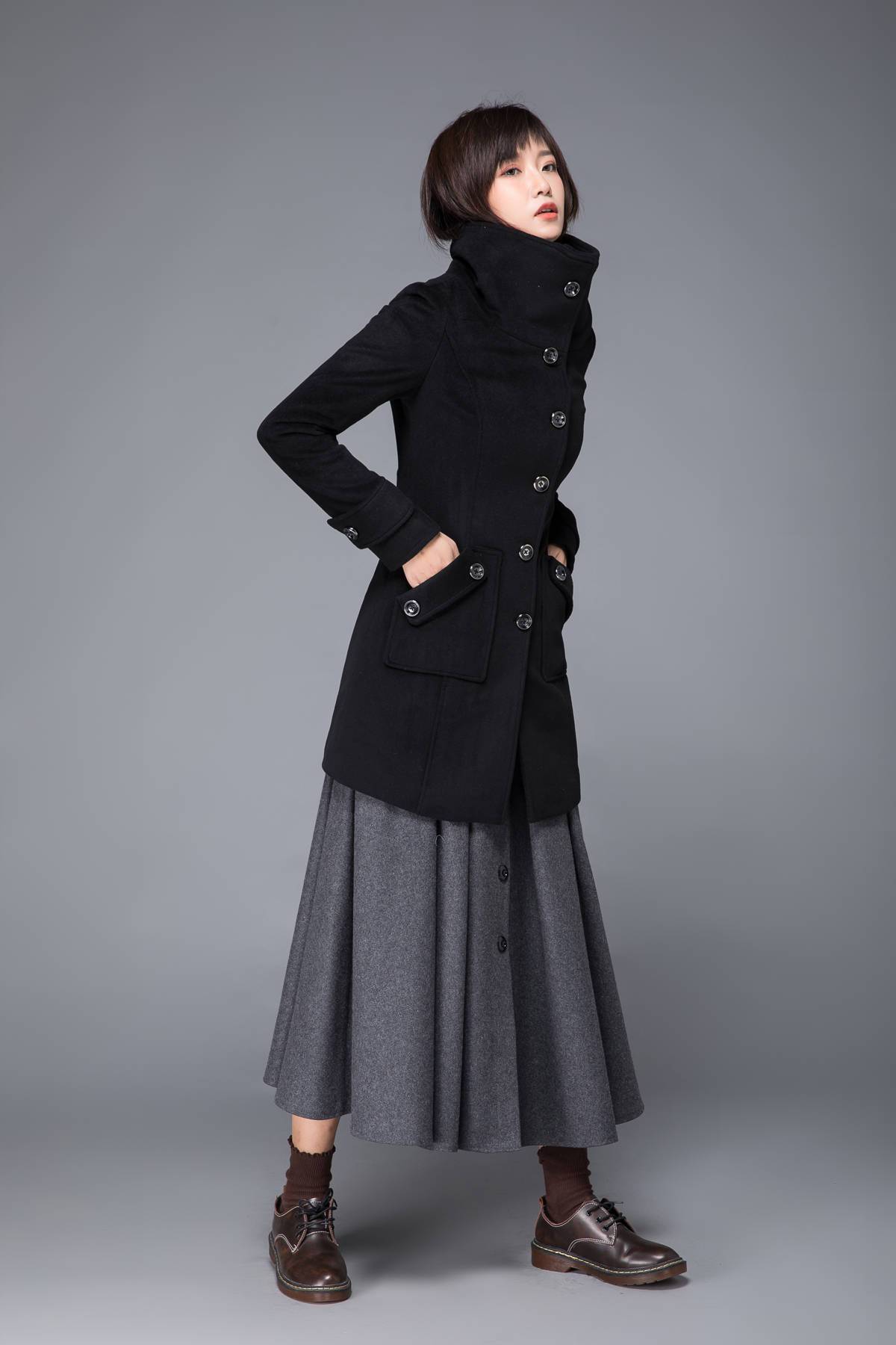 black coat, wool coat, womens coat, winter coat, Military coat, warm coat, black wool coat, Coat with pockets, Warm wool coat C1231