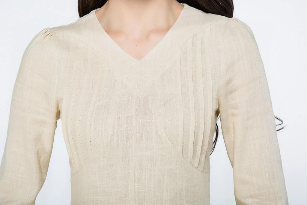 Beige short summer linen dress C1072