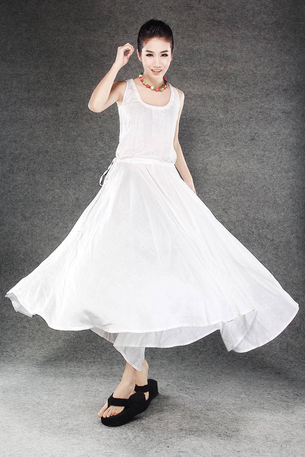 White Linen Summer Dress - Maxi Long Vest Top Sleeveless Pinwheel Dres White Linen Summer Dress - Maxi Long Vest Top Sleeveless Pinwheel Dres