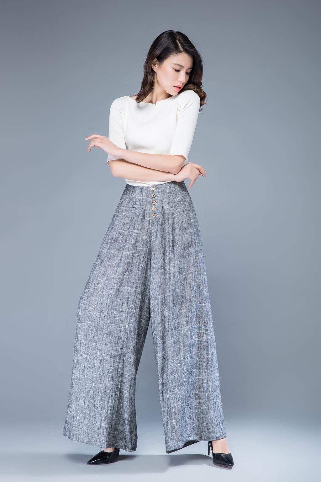 gray linen Wide leg pants, palazzo pants, loose linen pants, high waisted pants, linen pants women, summer linen pants, pants women C1055