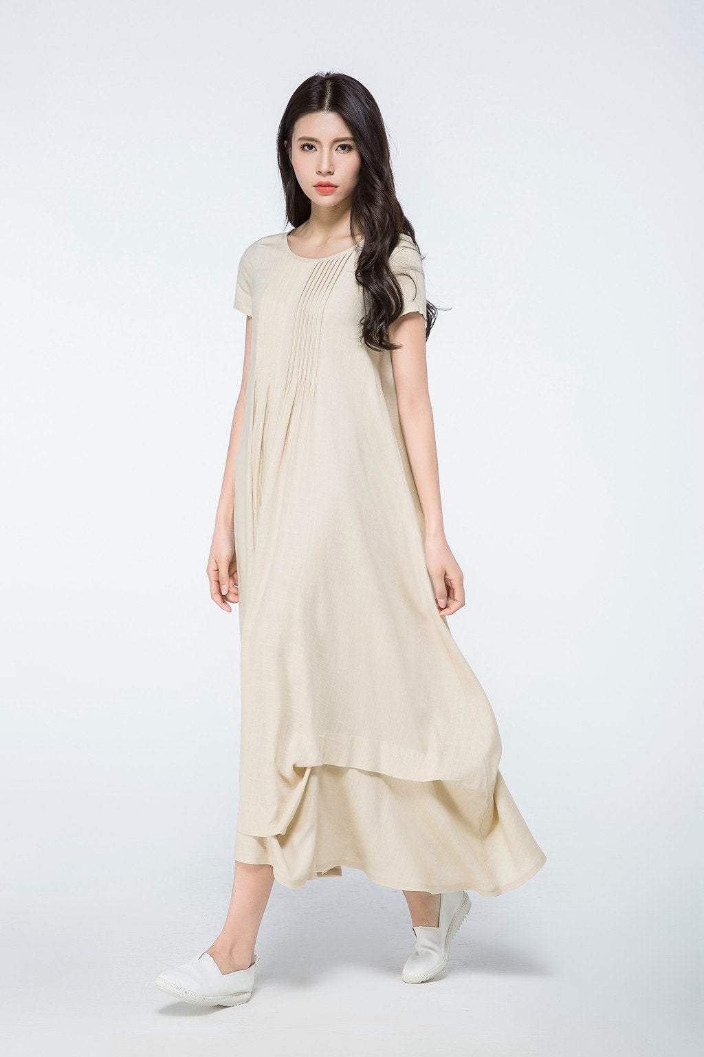 beige long linen loose dress C1071, Size US 2 #yy03420