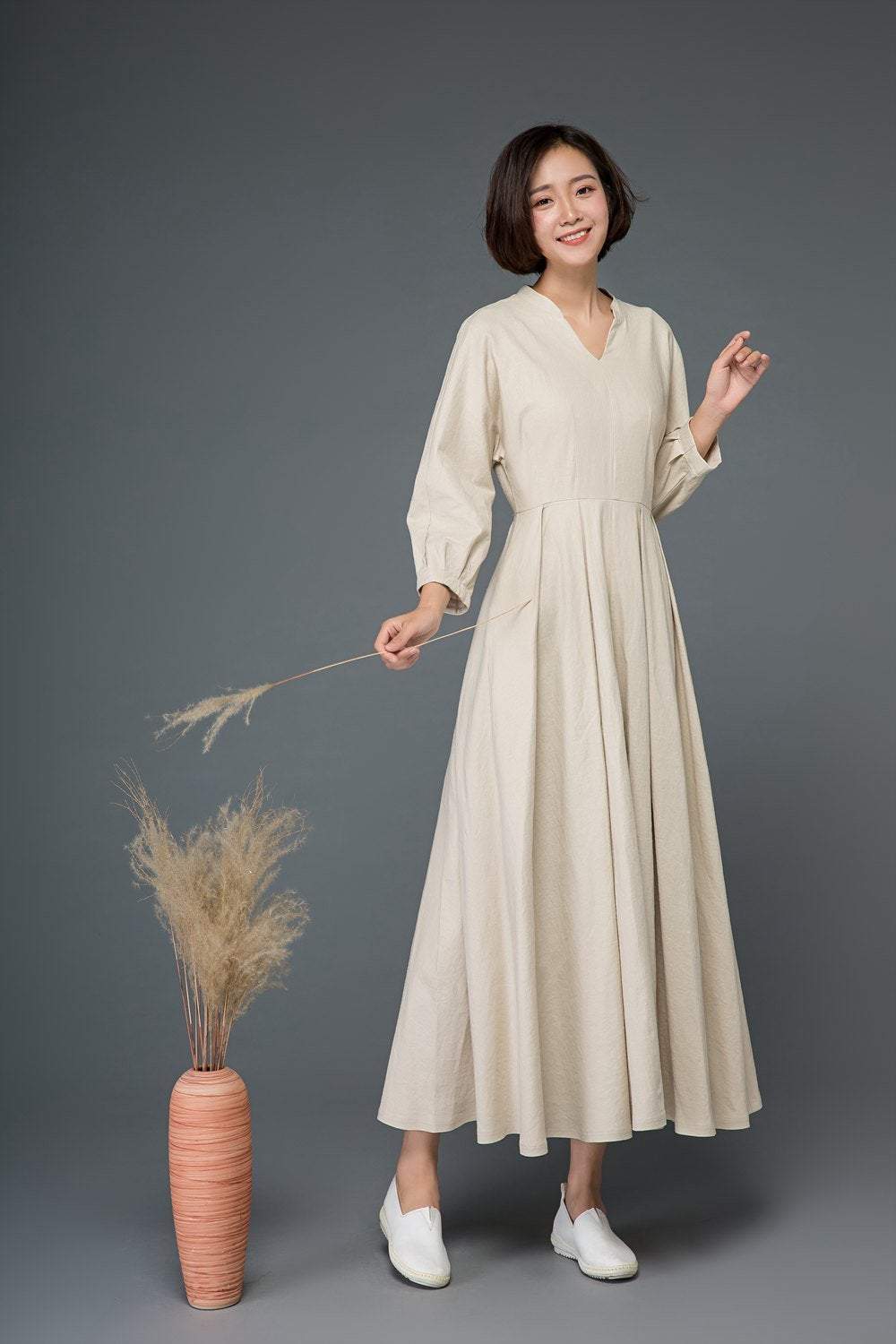 Beige linen dress, linen dress, women dress, Maxi dress, long linen dress, linen causal dress, pleated dress, plus size linen dress C1154
