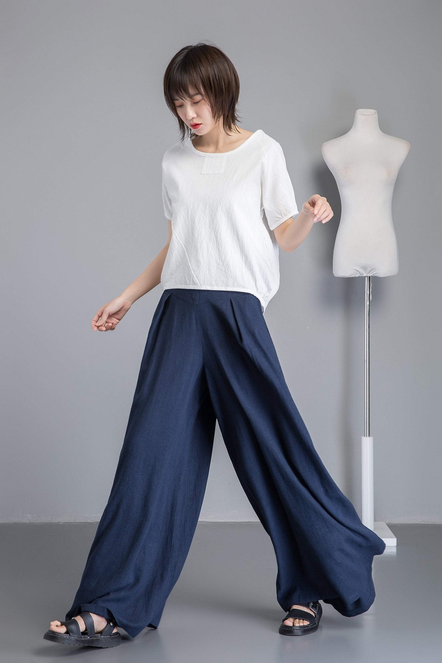 Blue linen pants, winde leg linen pants for womens, loose and casual bule linen pants for summer, handmade plus size linen pants C1265