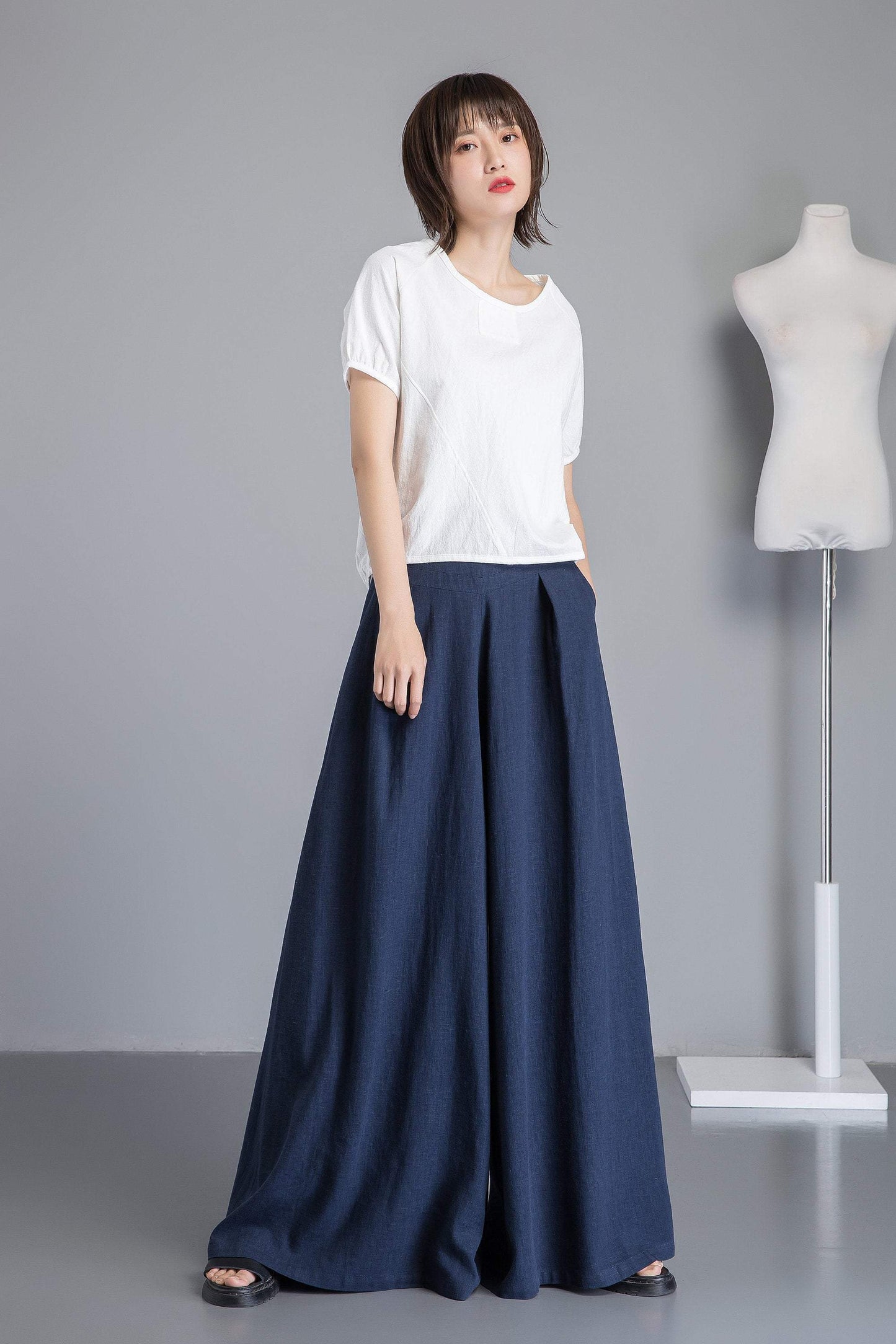 Blue linen pants, winde leg linen pants for womens, loose and casual bule linen pants for summer, handmade plus size linen pants C1265