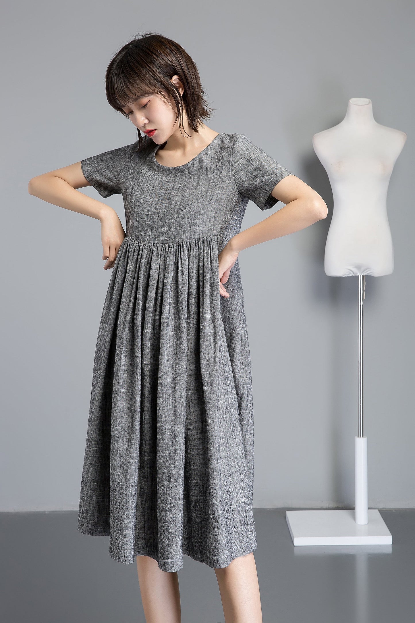 short sleeve linen midi dress C1254#