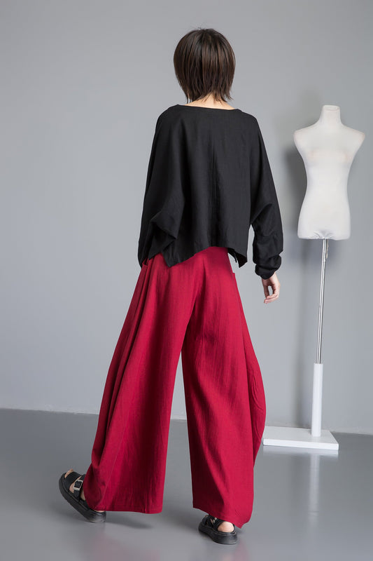 Red Linen Wide Leg Pants - Loose Fit with Pockets C1261