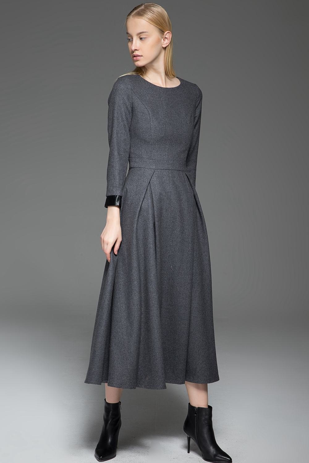 Gray Wool Dress, Classic Long Fitted Tailored Warm Winter Dress with Long Sleeves Round Neck & Black Leather Cuffs C780
