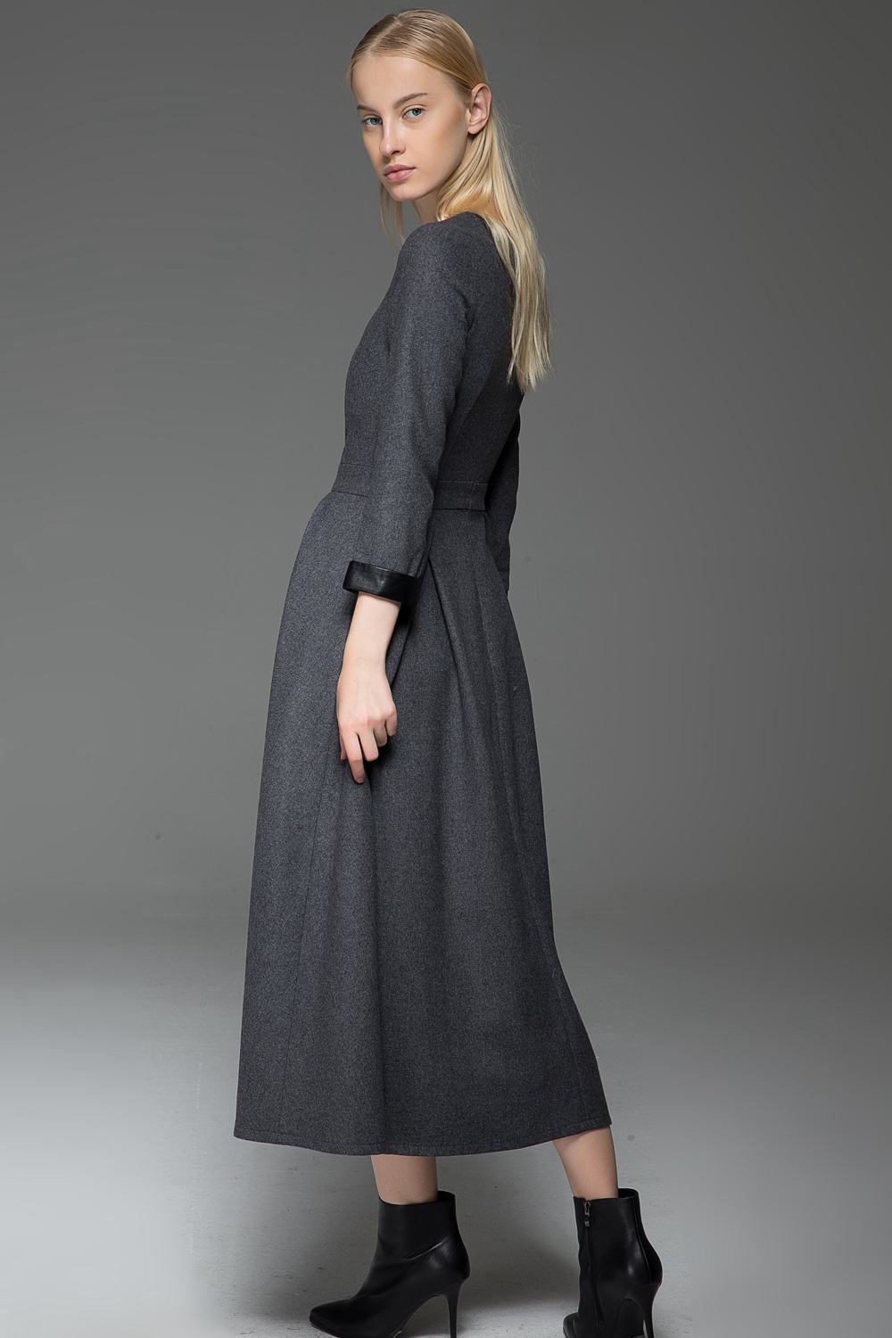 Gray Wool Dress, Classic Long Fitted Tailored Warm Winter Dress with Long Sleeves Round Neck & Black Leather Cuffs C780