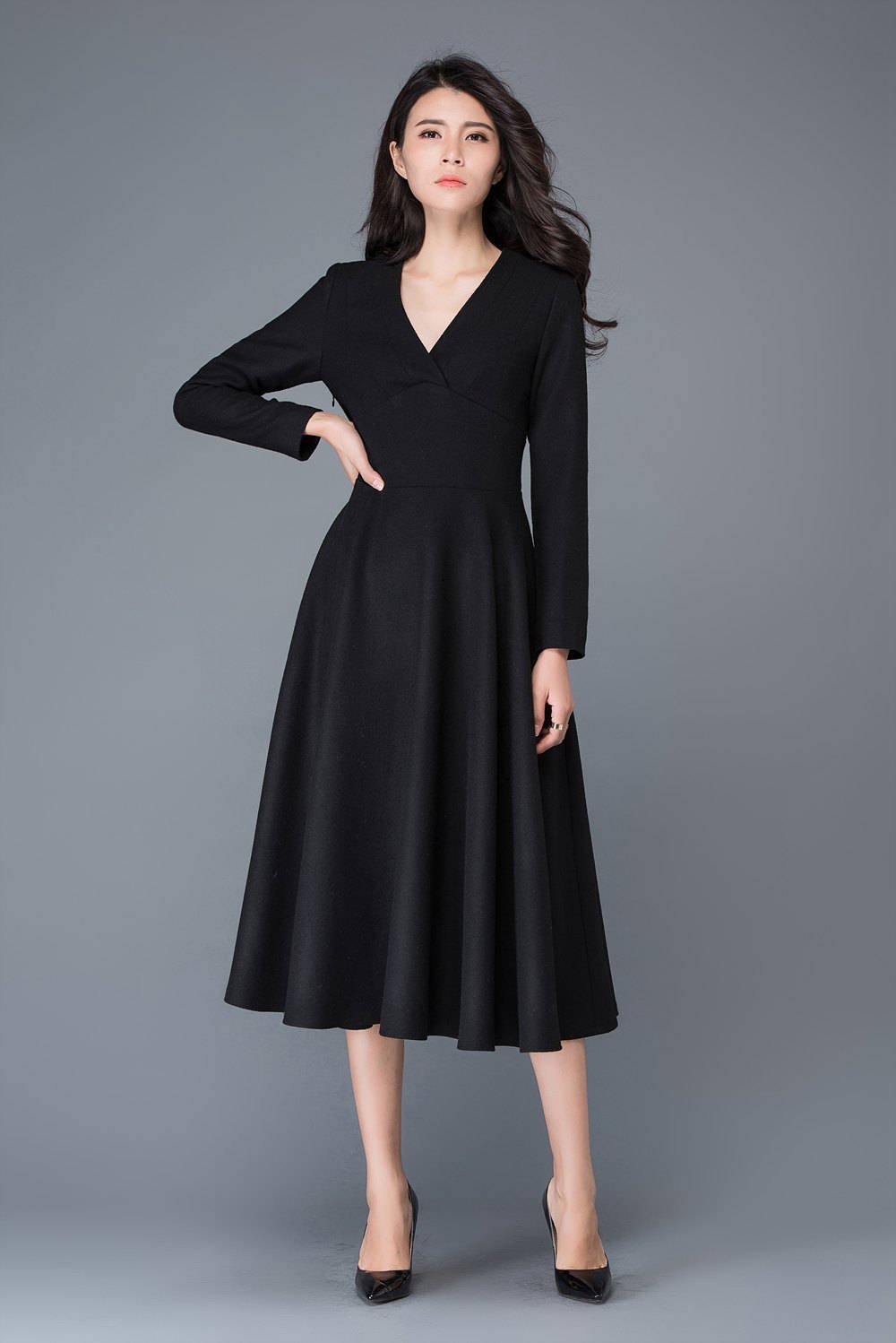 Wool dress, winter dress, black dress C1027