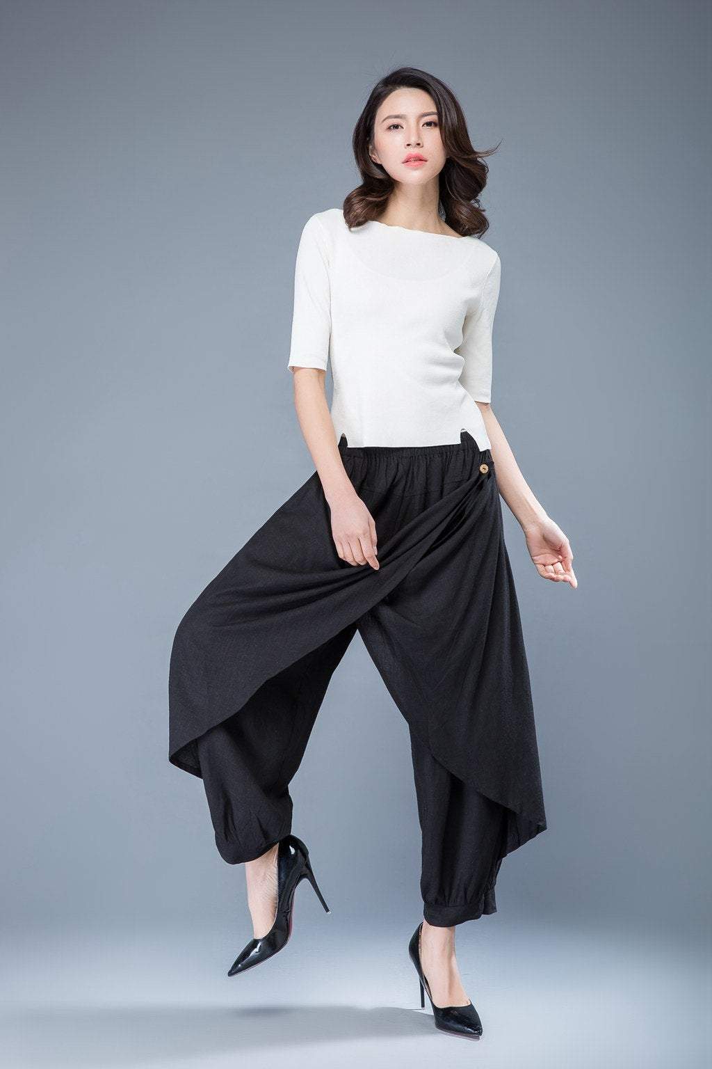 Wrap pants, linen pants, black harem pants, baggy pants, hippie pants, capri pants, black capri pants, elastic waist pants C1054