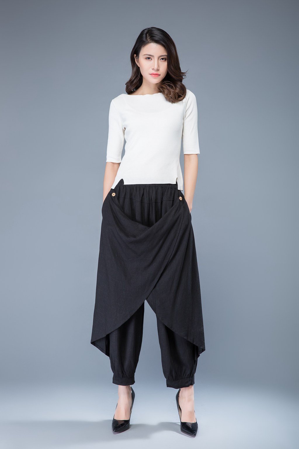 Wrap pants, linen pants, black harem pants, baggy pants, hippie pants, capri pants, black capri pants, elastic waist pants C1054