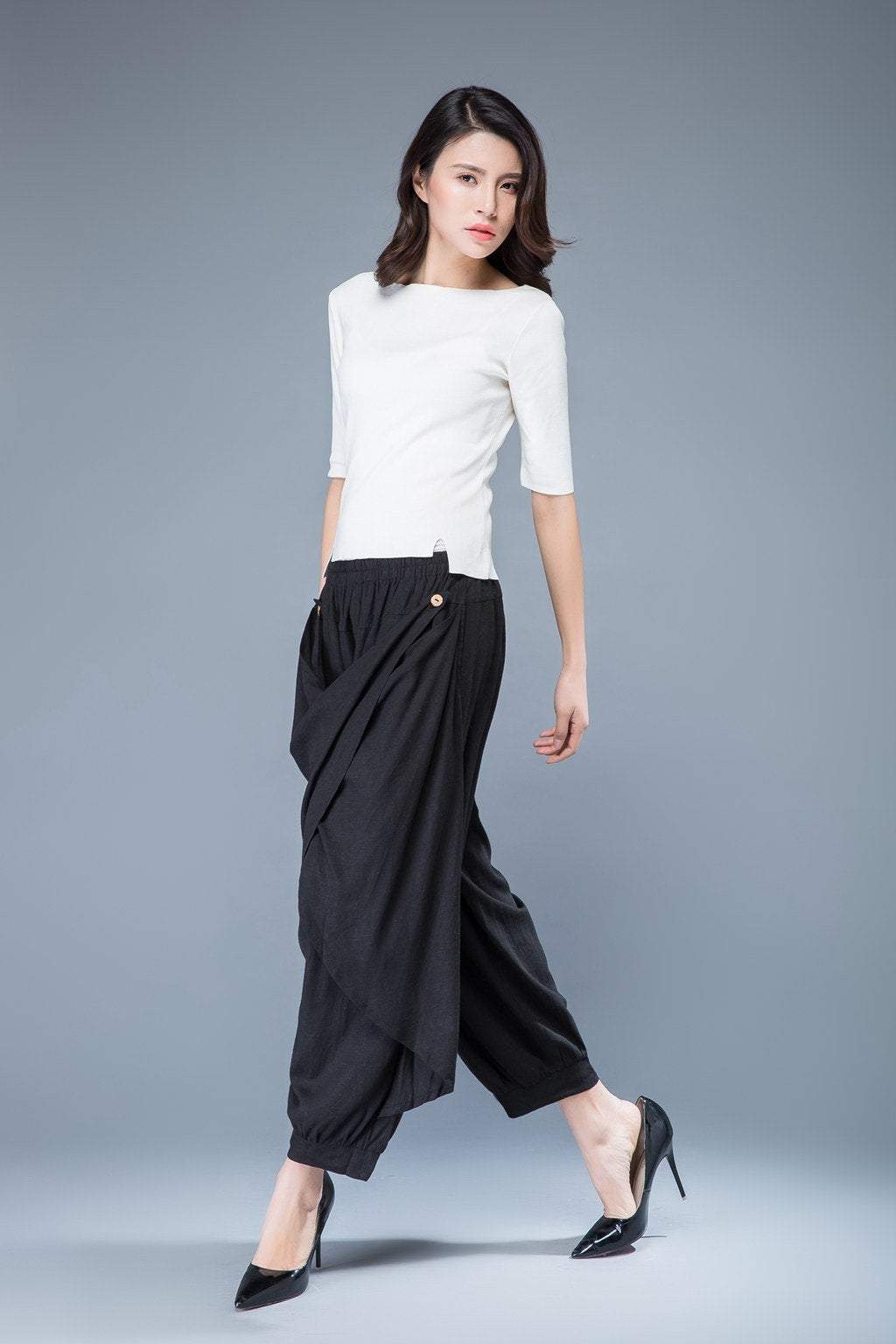 Wrap pants, linen pants, black harem pants, baggy pants, hippie pants, capri pants, black capri pants, elastic waist pants C1054