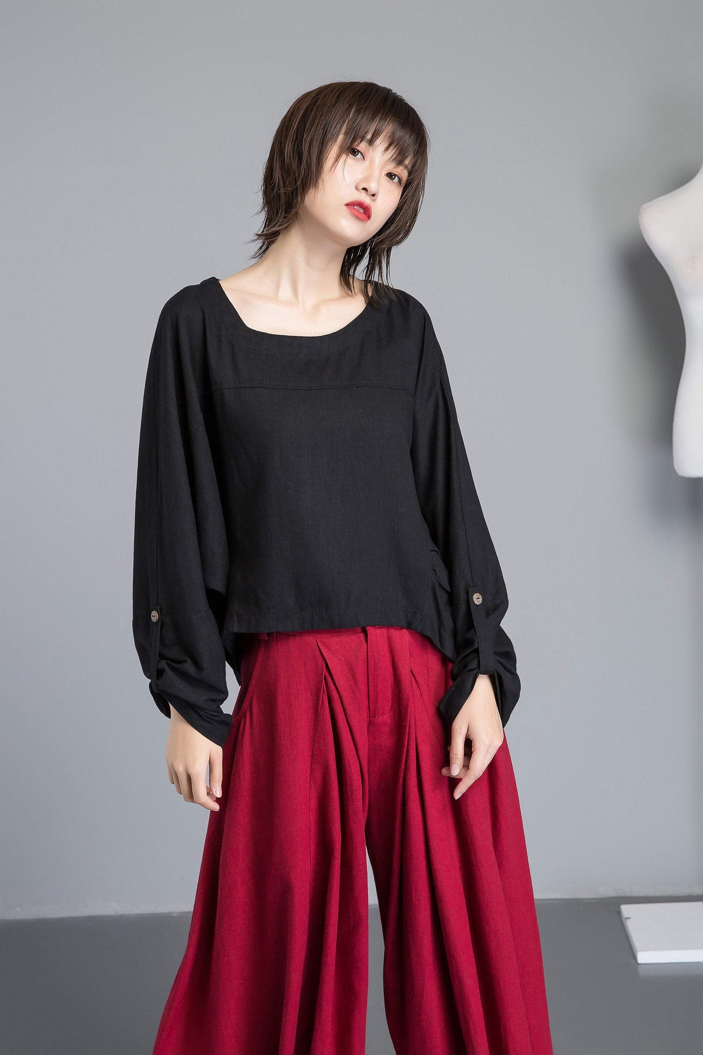 black linen top, loose and casual linen top, asymmetrical top & adjustable sleeve length, custom plus size top for summer C1269