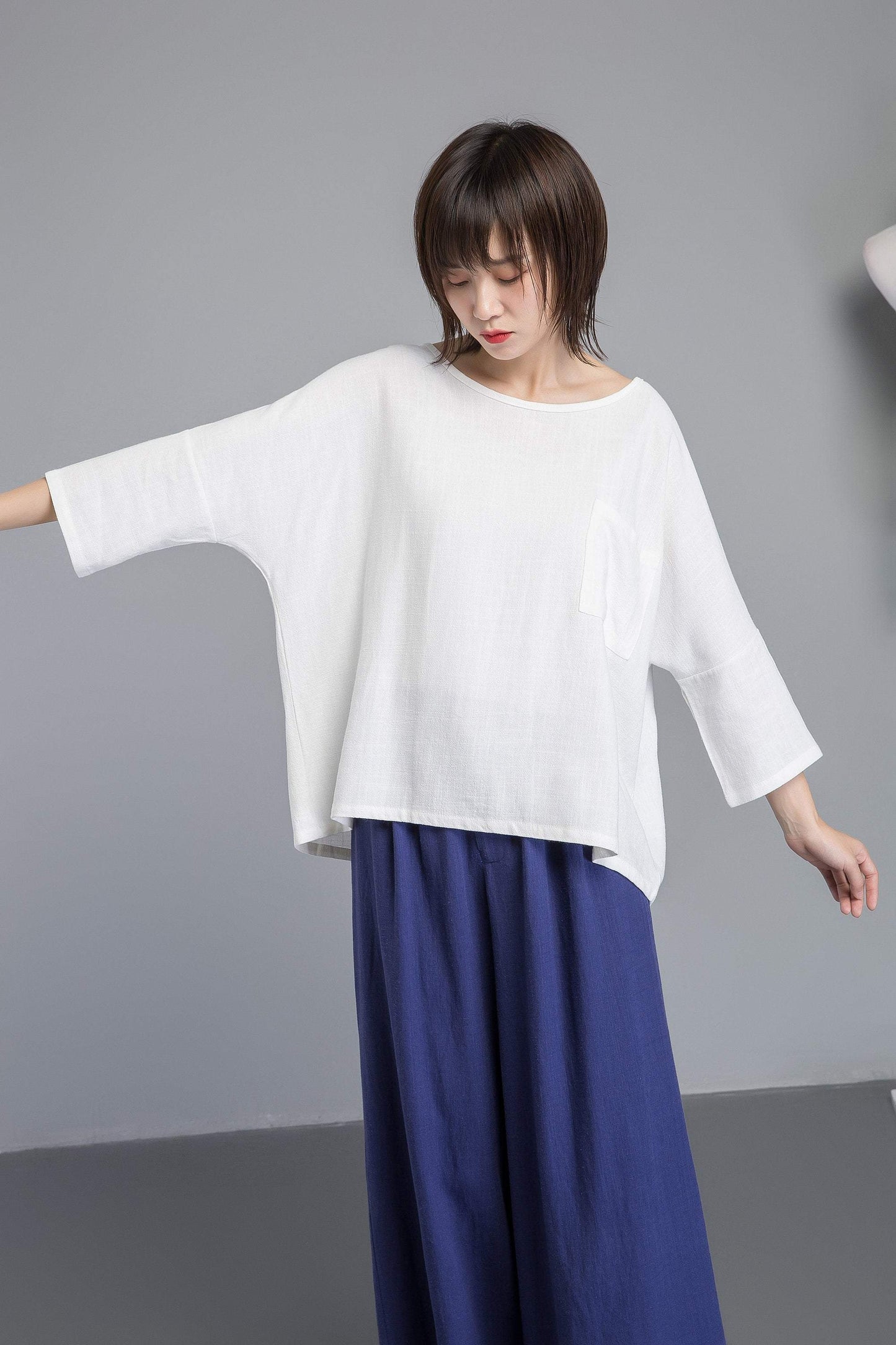 white linen blouse, women blouse with sleeve, loose & casual linen blouse, white linen top for summer - plus size blouse for lady C1270