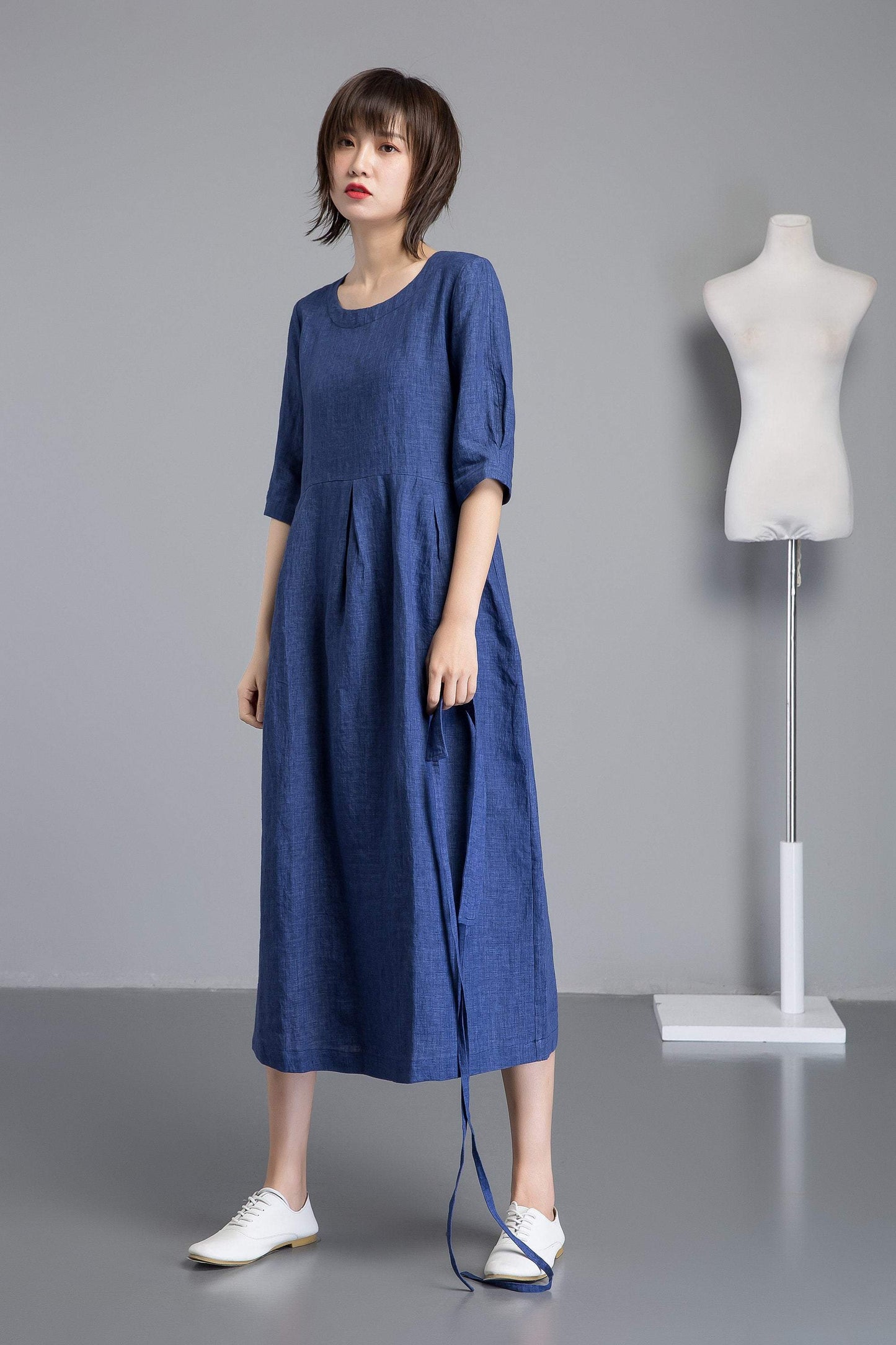 Handmade fashion blue casual linen dress C1257