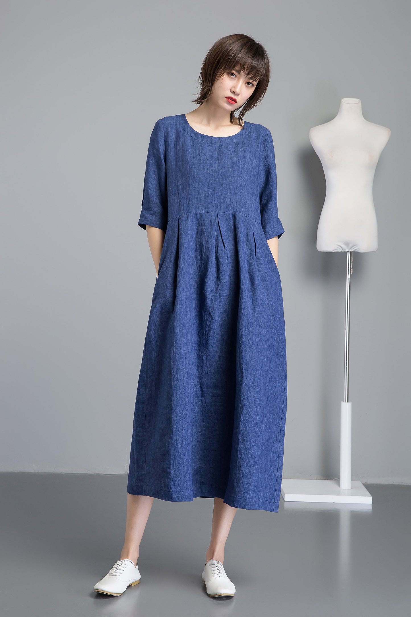 Handmade fashion blue casual linen dress C1257