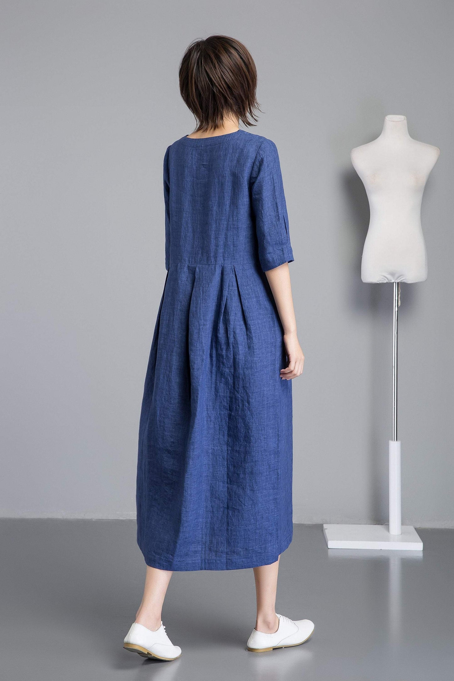 Handmade fashion blue casual linen dress C1257