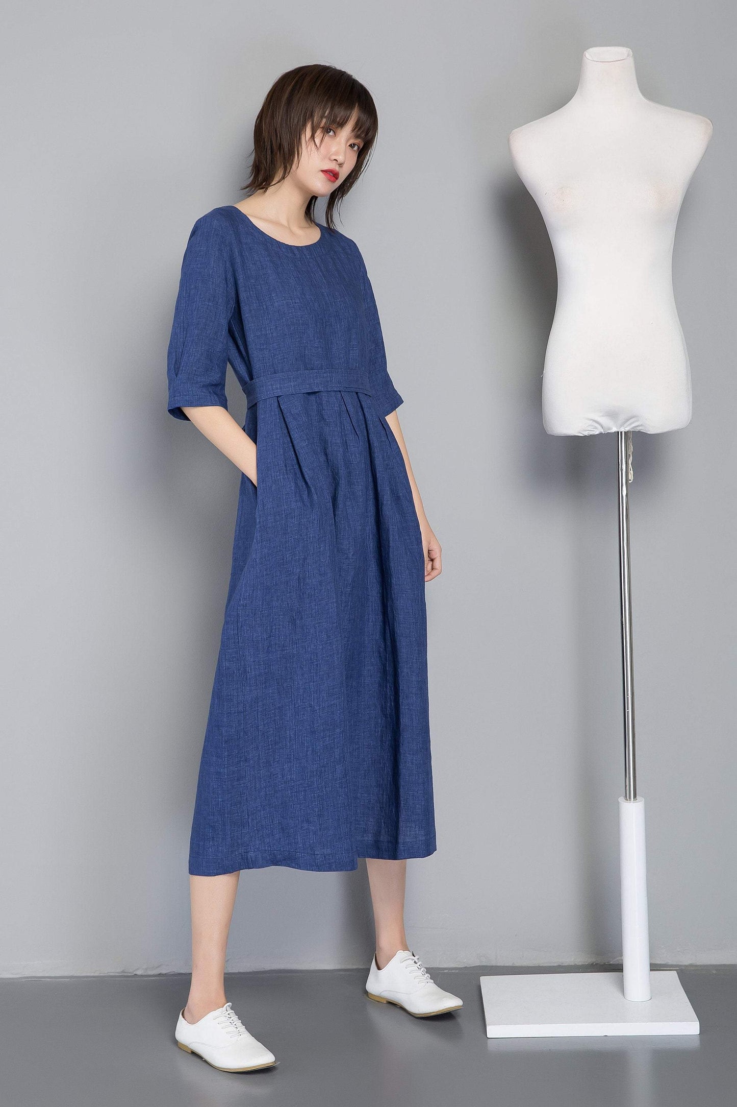 Handmade fashion blue casual linen dress C1257