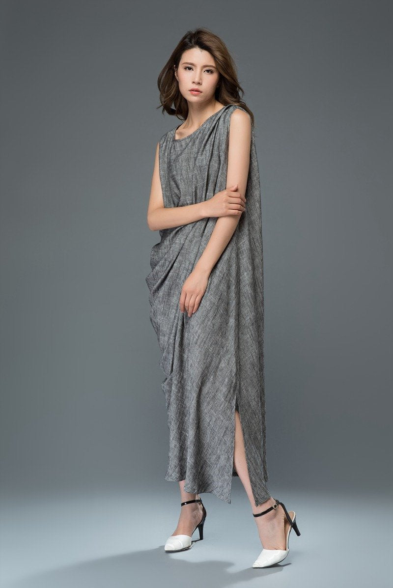 Linen Dress, gray linen dress, linen hip dress, plus size dress, woman dress, linen dress for woman, party dress, linen dress woman (C923)