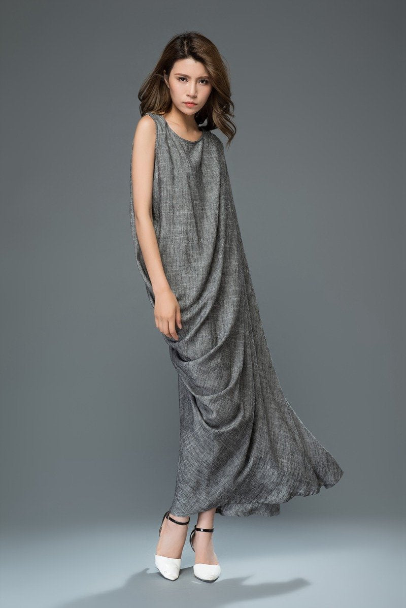 Linen Dress, gray linen dress, linen hip dress, plus size dress, woman dress, linen dress for woman, party dress, linen dress woman (C923)