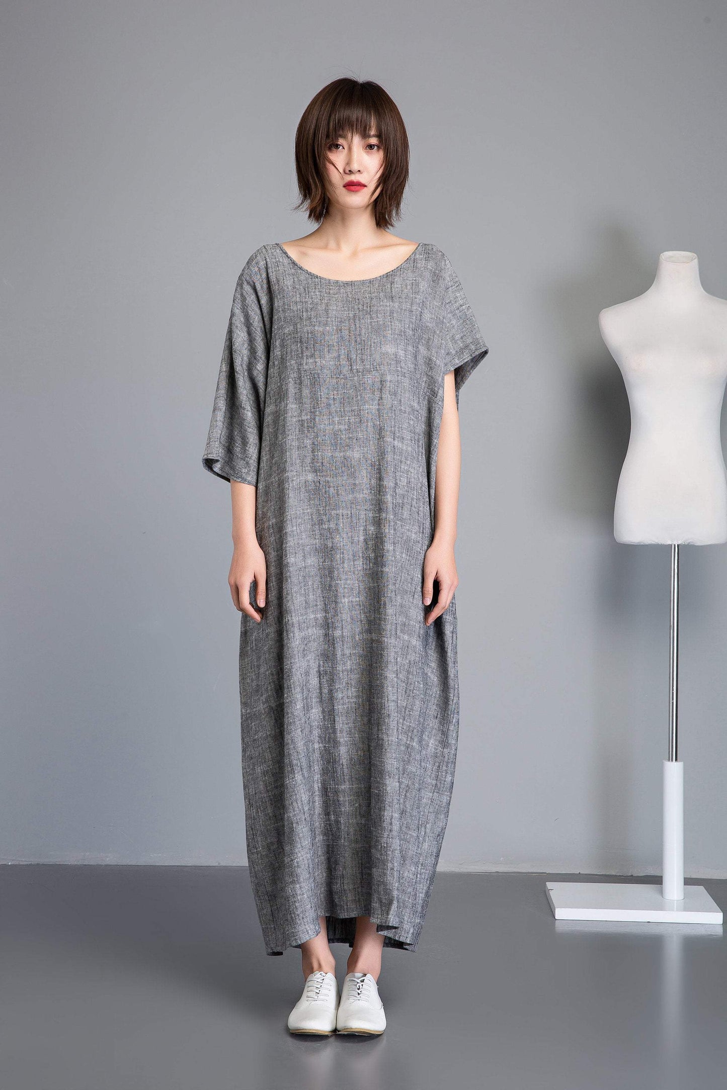 Linen dress, gray maxi dress, short sleeve dress, plus size dress, oversized linen dress, woman dresses, asymmetrical linen dress C1240