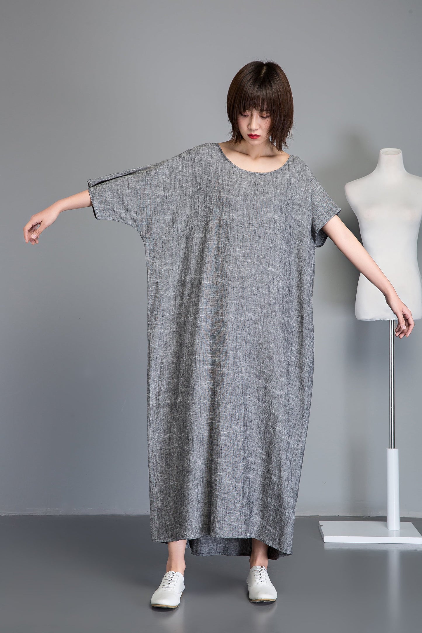 Linen dress, gray maxi dress, short sleeve dress, plus size dress, oversized linen dress, woman dresses, asymmetrical linen dress C1240